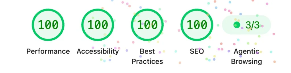 Lighthouse report showing 100 scores for Performance, Accessibility, Best Practices, and SEO, plus 3/3 Agentic Browsing
